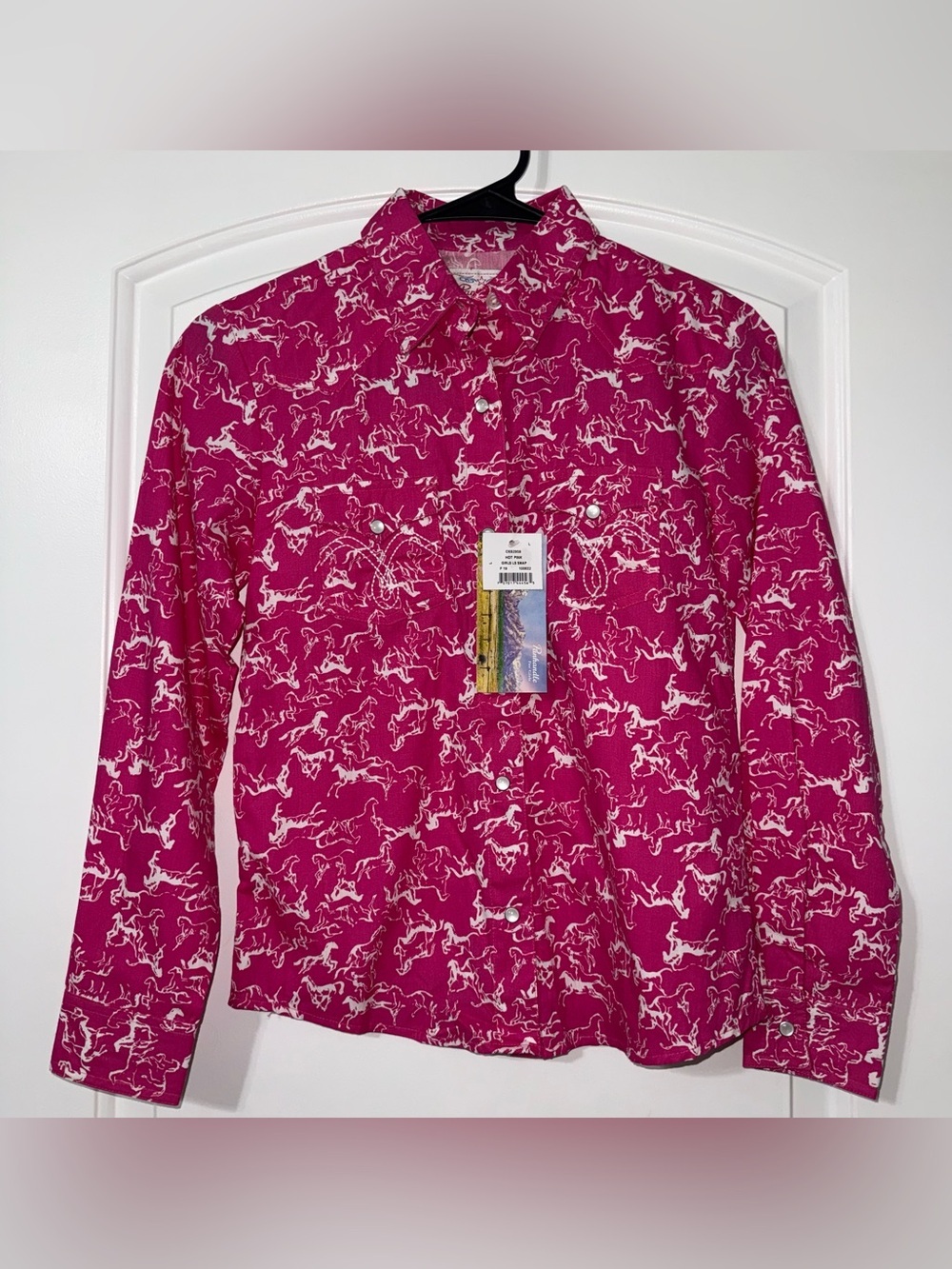 NWT Panhandle Pearl Snap Button Down Shirt Girls Youth Size Large Pink Horses